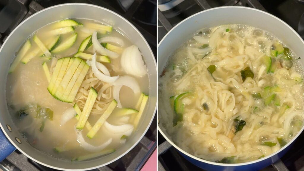 Close-up of chewy kalguksu noodles in broth