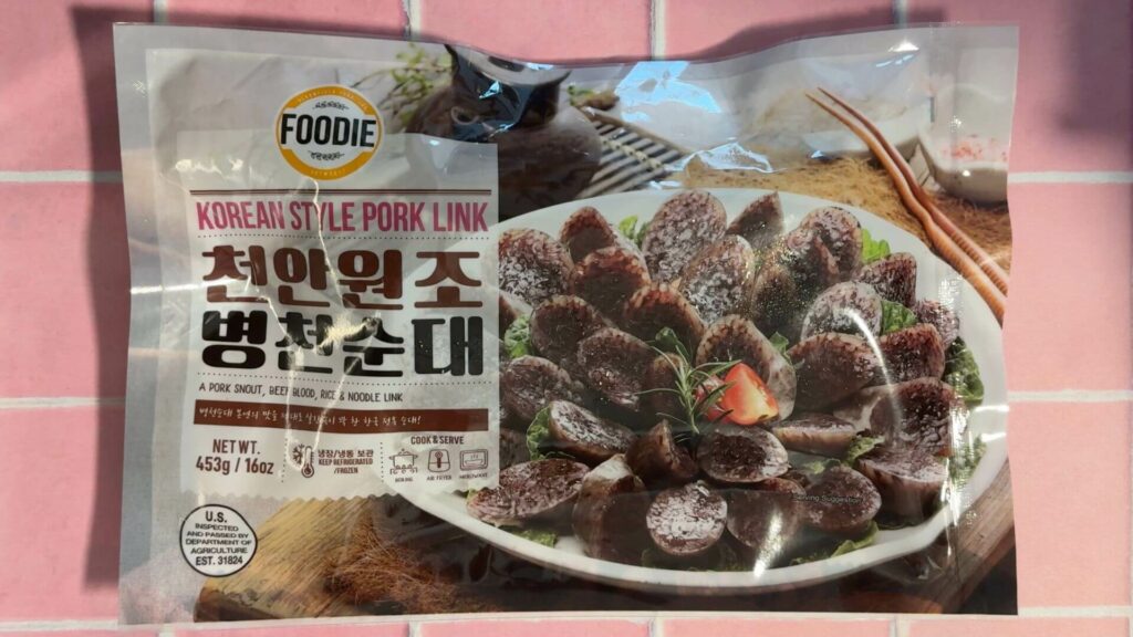 Packaging of FOODIE Korean Style Pork Link featuring a label for Cheonan Original Byeongcheon Sundae