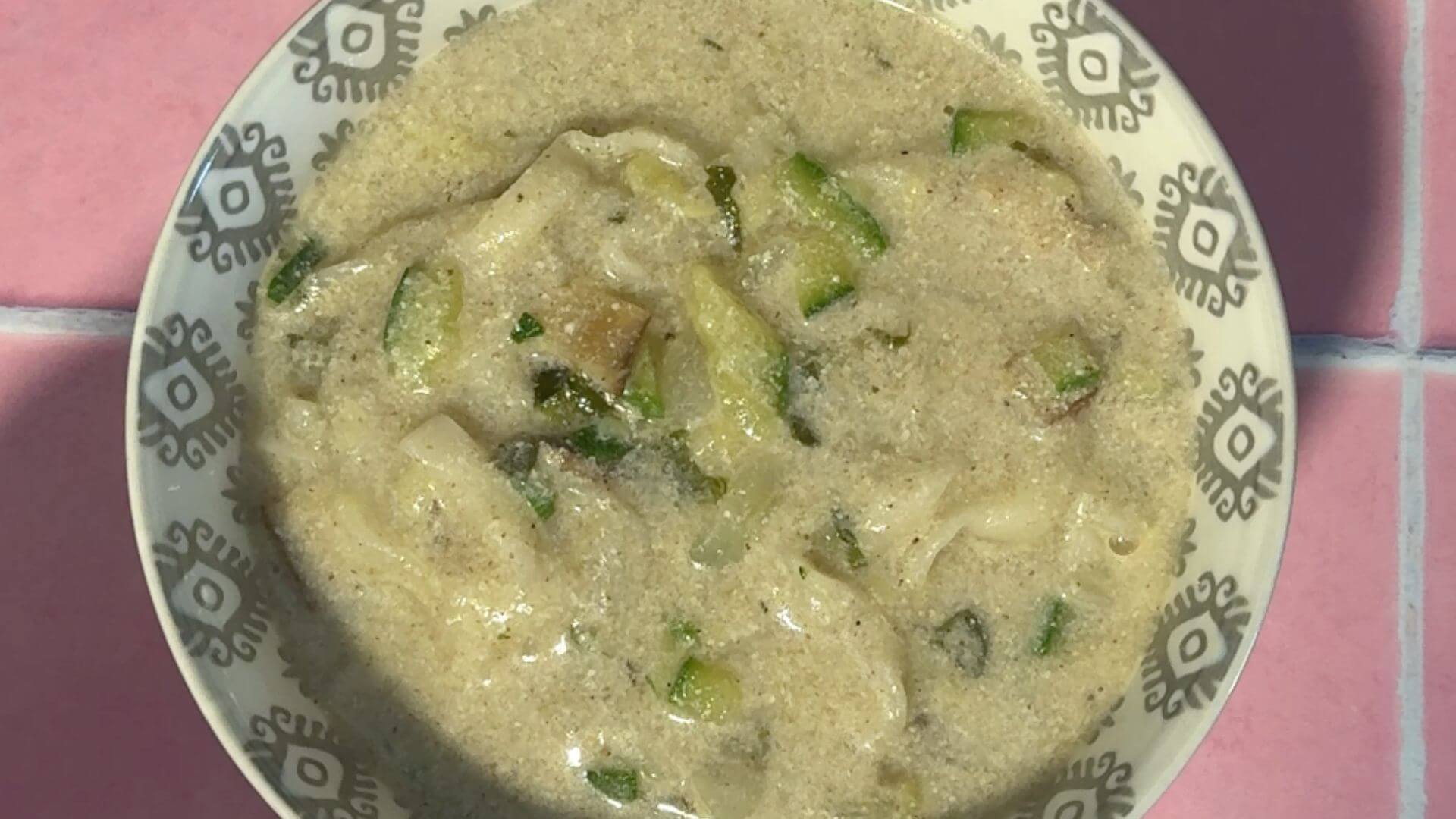 Steaming bowl of Dongwon Kalguksu topped with green onions